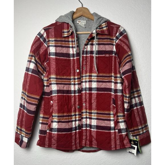 NWT Dickies Plaid Flannel Hooded Shirt Jacket Sz XS Womens Red Western Boho - Picture 11 of 14
